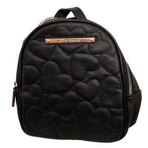 Betsey Johnson Small Black Heart Quilted Backpack Gold Heart Charm Y2K Vibes